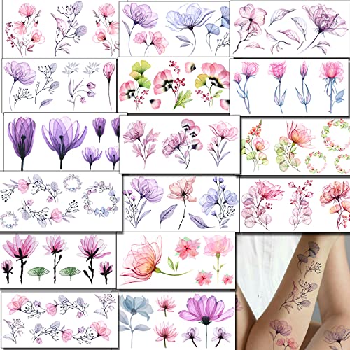 Tazimi 16 listova privremene tetovaže cvijeća rendgenskih zraka za žene, akvarelne tetovaže cvijeća ruže i ljiljana, lažne naljepnice