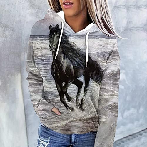 Konjski tiskani vrhovi za žene trendovske pulover kapuljače s kapuljača casual 3D grafički džep dukserice dukserice dukserice