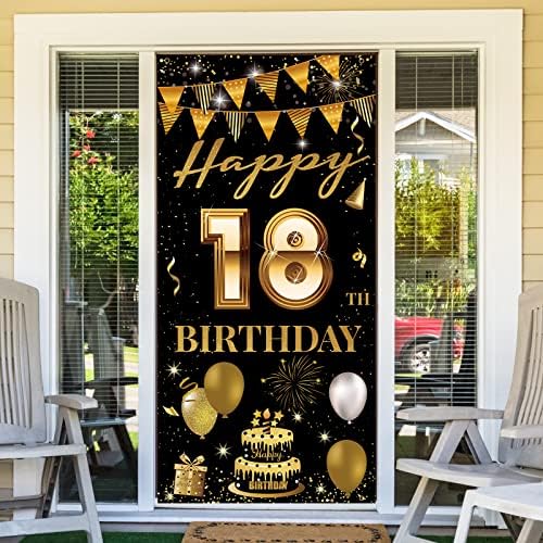 18. rođendanski natpis na vratima, 18. rođendanski ukras za djevojčice i dječake, 18. rođendan crna zlatna pozadina za fotografiranje,