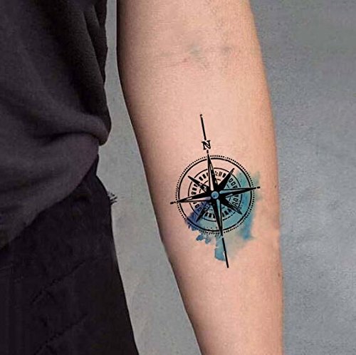 Set od 12 vodootpornih privremenih lažnih naljepnica za tetovaže kompas siva akvarel plava