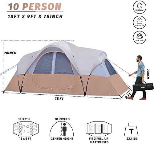 Šator za kampiranje za 10 osoba-obiteljski šatori, za zabave, šator za glazbeni festival, velik, jednostavan za postavljanje, 5 velikih