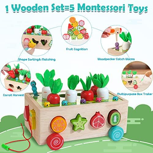 Woodmam Wooden Montessori igračka za 1 -godišnje dijete, obrazovne igračke s igrama za žetvu mrkve za 12m+ djeca, fini motorički vještine