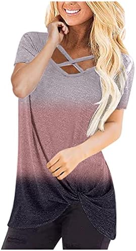 Žene gradijentni colorblock grafički labavi fit bluze vneck vrhovi majice kratki rukavi omotani zavoj ljetne jesenske bluze