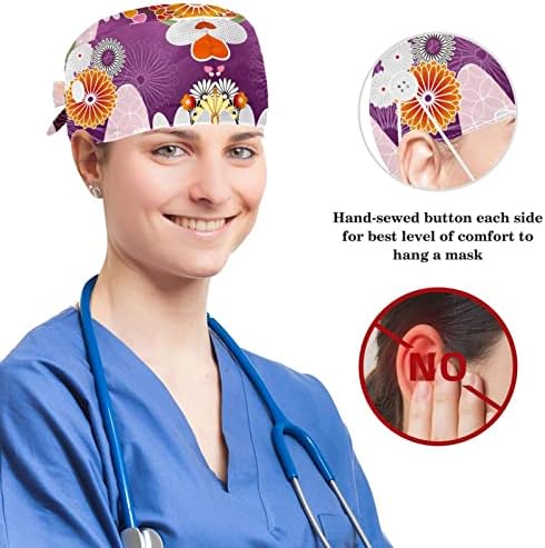 Kirurški kapa Bouffant kape Radna kapu s gumbima i lukom kose za žene, dugu kosu, šareni cvjetni