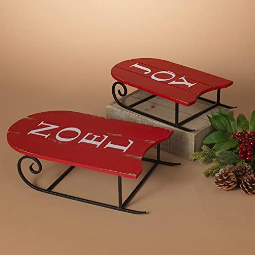Jedan set odmor od 2 crvenog drveta i metala ukrasna božićna saonica stola stola stola s noelom i radost izreke - ukrasi držača za