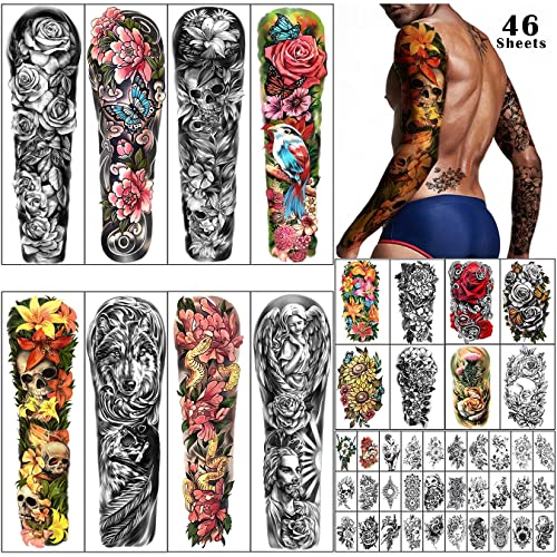 46 tablica veliki cvijet privremena tetovaža, tetovaža za pola ruke za žene i djevojku, 46 listova dodatna veličina puna ruka privremena