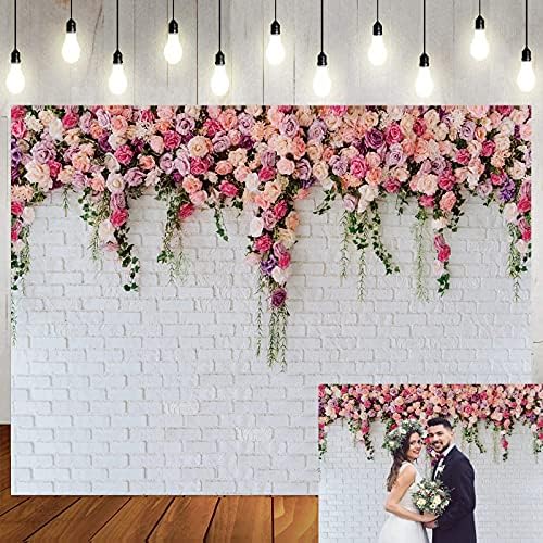 12.10 ft bijela zidna pozadina od opeke ružičasto cvijeće pozadine za rođendansku zabavu za djevojčice plijevljenje svadbeni tuš jubilarna
