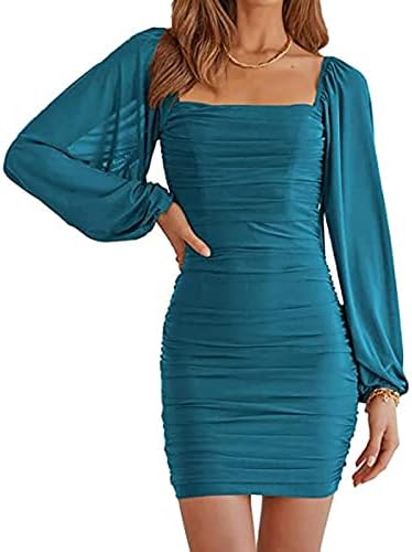 Ikodod haljina Ženska 2023. ljetni kvadratni ovratnik haljina dugih rukava Visoko elastična vitka ležerna srednja haljina za žene