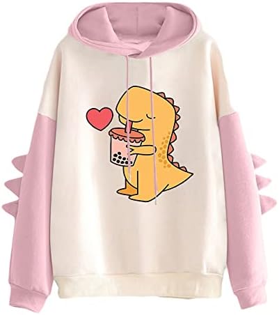 Oplxuo Slatka grafička kapuljača dinosaura za žene tinejdžerice blok pulover dugih rukava vrhovi Valentinovo