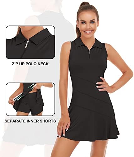 Teniske haljine za žene za žene, Sportska haljina s kratkim hlačama, 2 džepa, polo s patentnim zatvaračem, haljina za vježbanje golfa