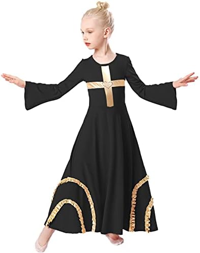 Hihcbf Dječje djevojke hvale ples cross ogrtač rukav za bogoslužje metalna ruffles široki ljuljački liturgijski lirski kostim