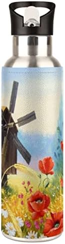Sportska boca s vodom sa slamnastom poklopcem Cvjetni mak vakuum izolirani dvostruki zid boca od nehrđajućeg čelika za djevojčice Dječaci