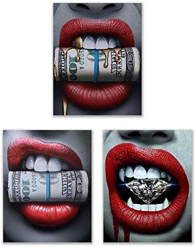 Fotografije crvenih usana - set od 3 otiska plakata - Dijamantni novac zlato