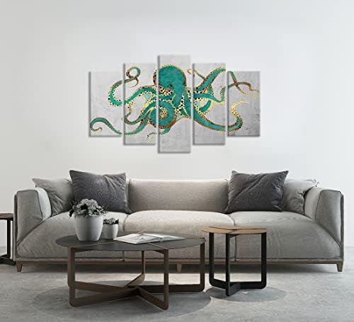 ZLOVE velikih 5 komada Octopus platno zidna umjetnost zelena i zlatna hobotnica Sažetak oceanskog morskog života Slika Print za kućnu