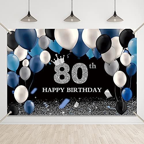 Crno-srebrna pozadina za proslavu 80. rođendana, tamnoplavi i bijeli baloni, kruna, ukrasi za zabavu za 80. rođendan, osamdesetogodišnji