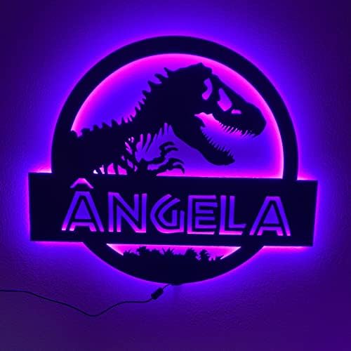 Osvjetljavanje imena za zidni dinosaur - prilagođeno ime jurske zidne umjetnosti LED RGB Light - Personalizirani tirannosaur t -rex