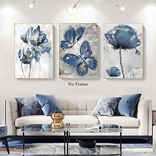 Plavi cvjetni umjetničko djelo leptir platno zidna umjetnost plava i siva slika Sažetak cvjetni umjetnički otisci plava biljna slika