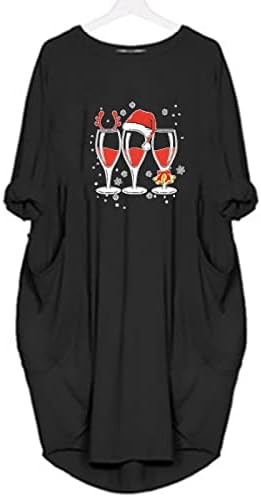 Prevelika Božićna haljina za žene, Božićna haljina s kapuljačom s ispisom čaše crnog vina, ležerna haljina od tunike s dugim rukavima