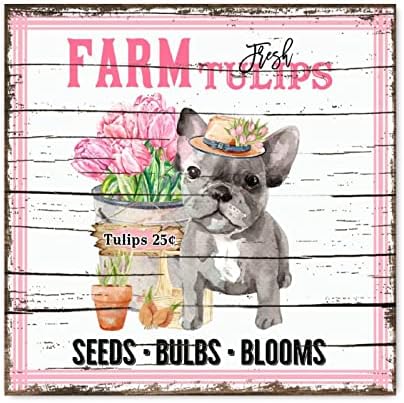 Evans1nism Farma svježi cvjetni tržnica drvena znak ružičasti tulipani hovawart pas drvena ploča ukrasna kućna zidna umjetnost retro