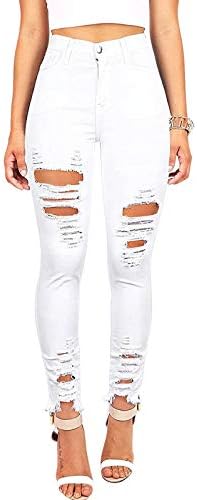 Dečke traperice za žene čvrste gumbe visoki struk džep traperice rupe traper hlače