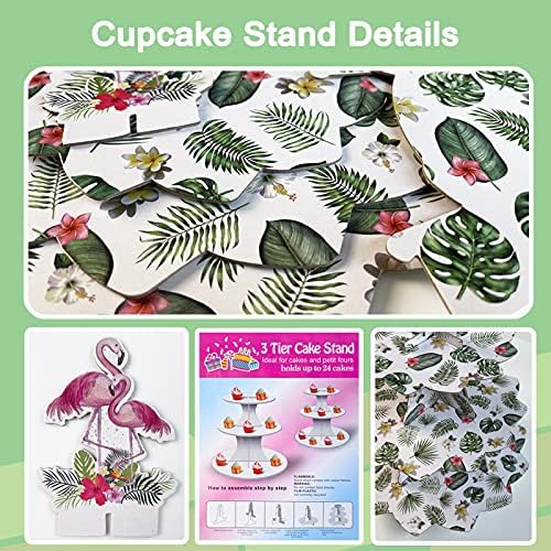 Boramdo Flamingo Cardboard Cupcake Stalk ， troslojni tropski listovi uzorak desertna toranj ， havajski luau držača za torte za 24 cupcakesa,