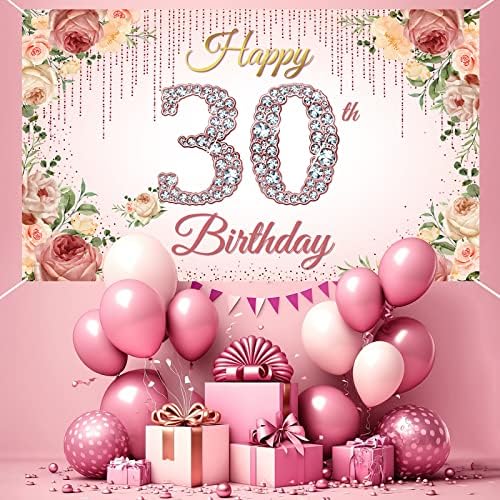 2 pozadinski natpis za sretan rođendan za 30 godina, ukras za 30 rođendana za žene, pribor za zabavu za 30. rođendan s cvjetnim uzorkom