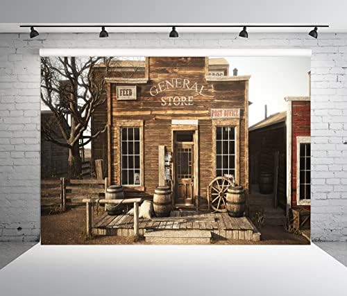 Pozadina fotografije zapadne robne kuće od tkanine od 12.10 Stopa, Stara pošta zapadnog grada, bačva, kotač kombija, pozadina zabave