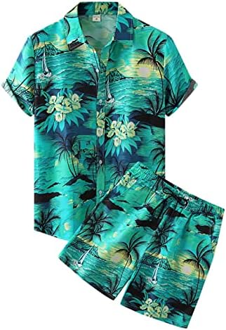 Muški Hawaii na plaži za tiskanje dvodijelne kratke rukave skrenite košulju s ovratnikom džep kratke hlače muške odijelo hlače vuna