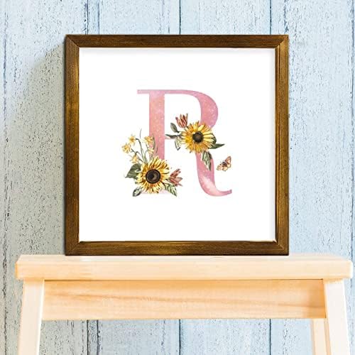Ružičasto slovo suncokreti cvjetni drveni uokviren znak Monogram Početno pismo r Personalizirani vintage boho zid viseći zidni art