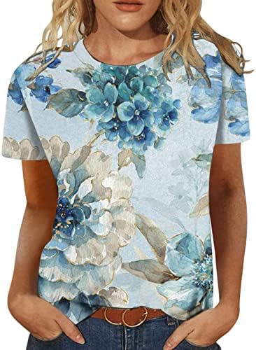 Majica bluze za vrat čamca za ženske kratke rukave pamučni grafički grafički print cvijet labavi fit find brunch tee rf