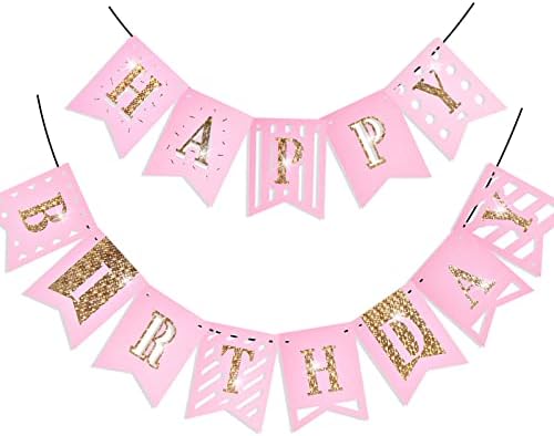 Partywoo Happy Birthday Banner, sretni rođendanski natpis, Pink and Gold rođendanski transparent, ukrasi za rođendan, ružičasti ukrasi