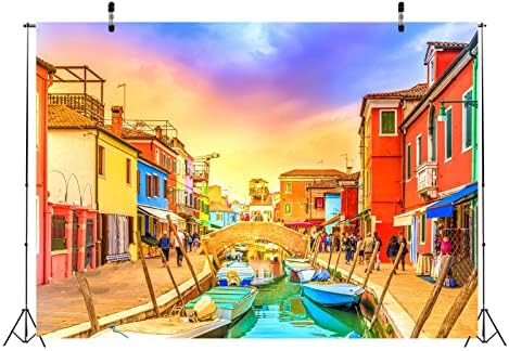 Tkanina venecijanska pozadina od 5 do 5 stopa za fotografiranje otok Burano gradska ulica most riječni brodovi šarene kuće Italija
