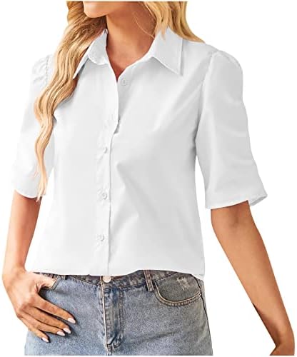 Vrhovi de trabajo botones boja liso camisa manga corta para mujer blusa a la moda camiseta formalni holgada cuello en v v