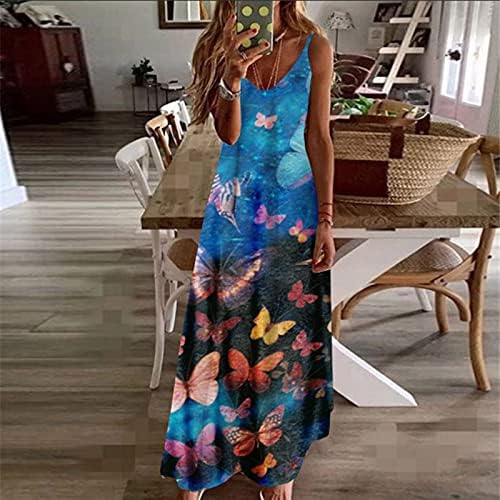 Ženska ljetna duga haljina s printom leptira, špageti naramenice, izrez u obliku slova u, ležerna, bez rukava, duboka ljetna Havajska